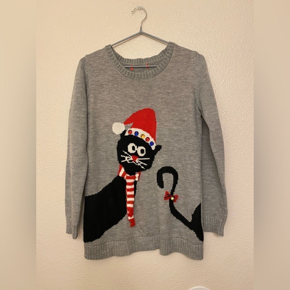 Ugly cute Christmas Holiday Sweater kitty cat black bell grey crewneck S/M